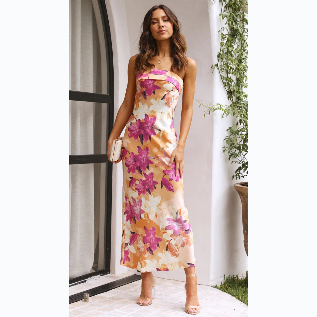 Sexy Floral Print Midi Dress Coral Red