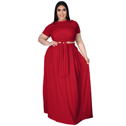 Curvy Solid Color Two-Piece Set Red