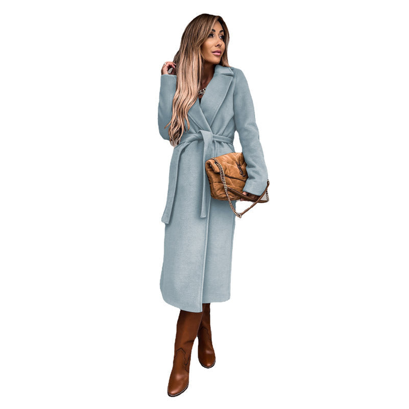 Solid Color Woolen Long Sleeve Trench Coat