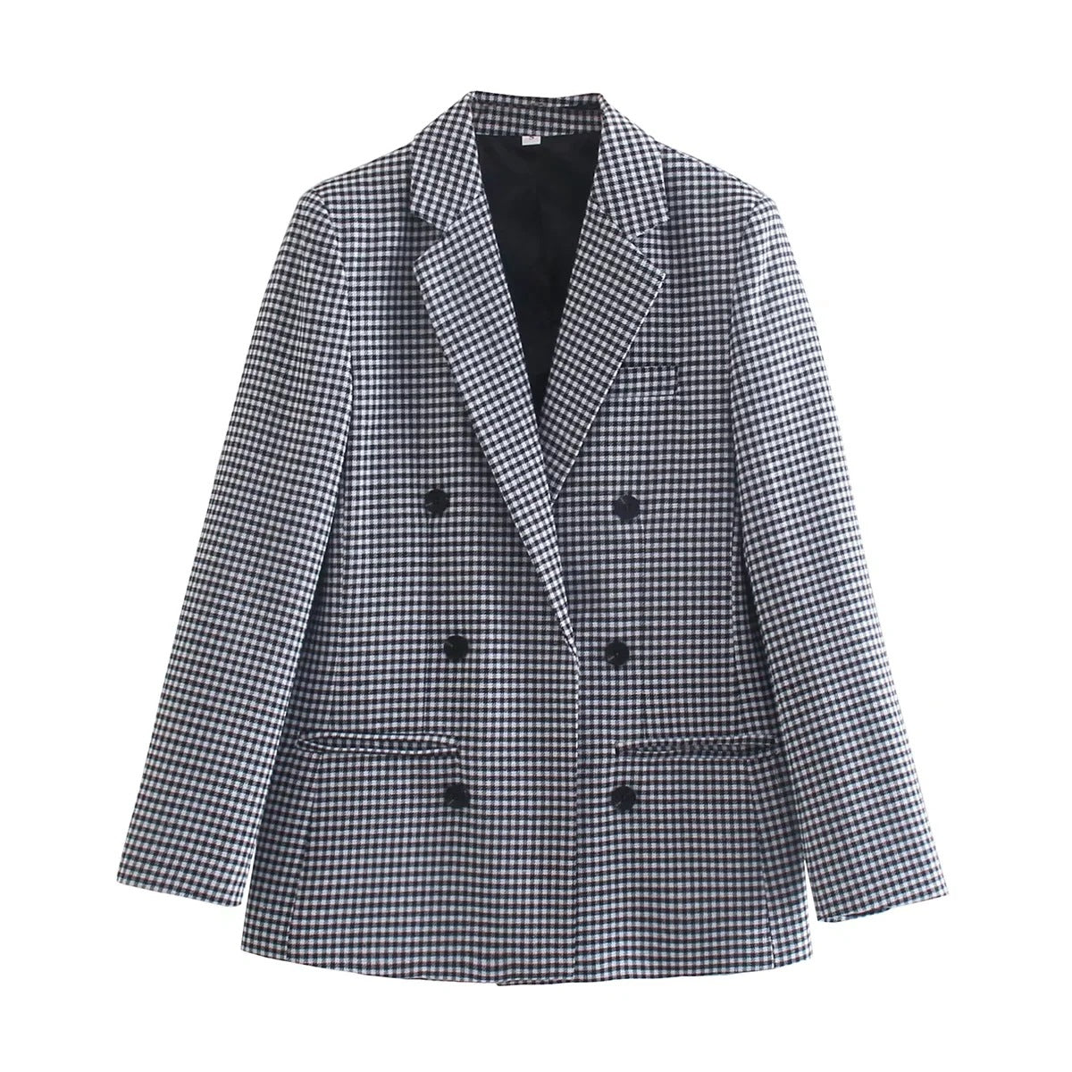Vintage Single Breasted Long Sleeve Plaid Women Padded Shoulder Blazer Black White