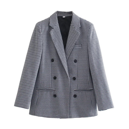 Vintage Single Breasted Long Sleeve Plaid Women Padded Shoulder Blazer Black White