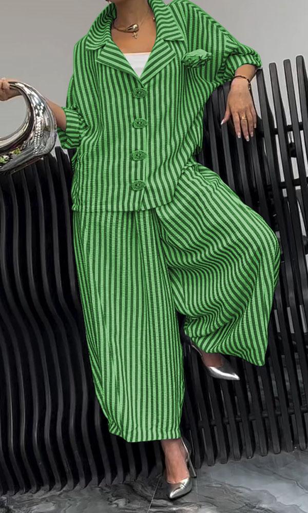 Wide Leg Pinstripe Loose Casual Sets Green
