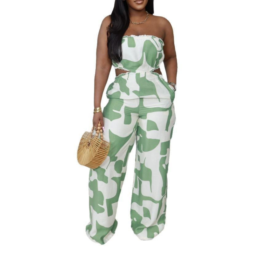 Elegant Tube Top Smocking Printed Wide Leg Jumpsuit Green