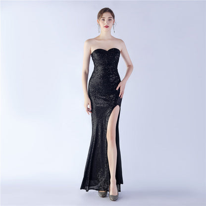 Sequined Strapless Evening Dress Black