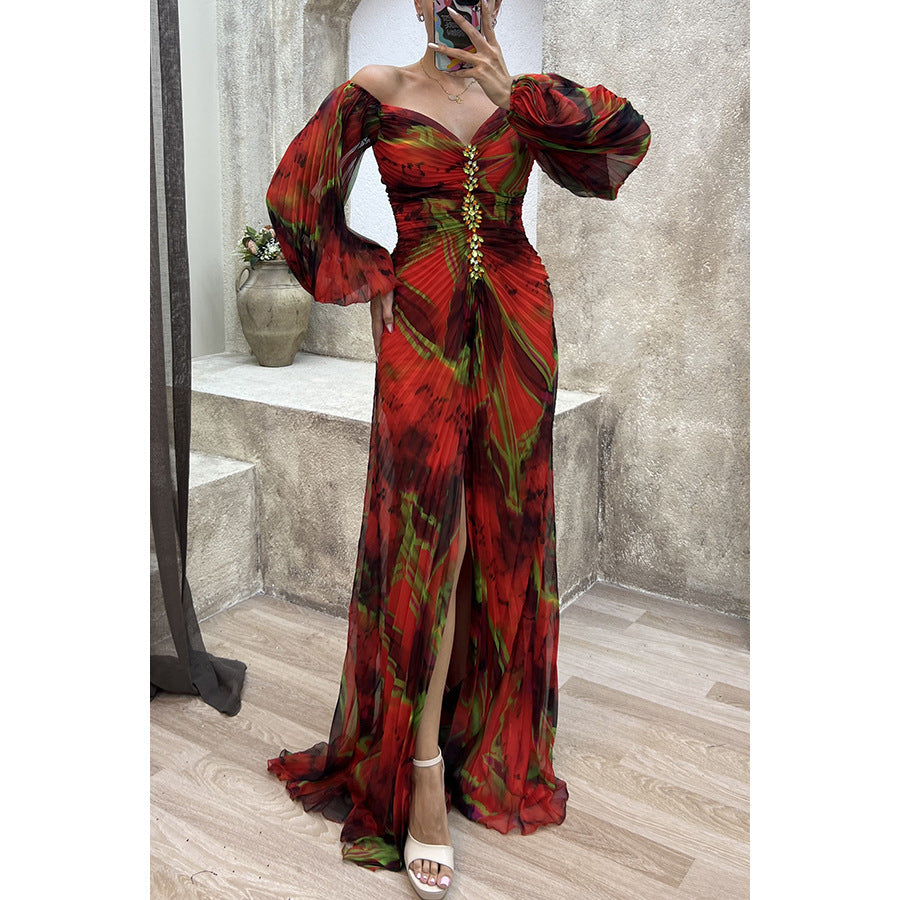 Printed Pleated Long Sleeve Formal Occasion Dress Burgundy
