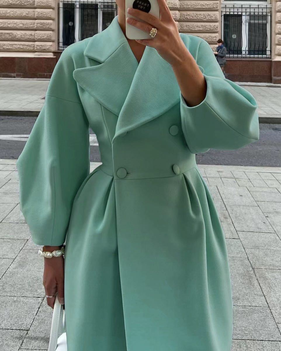 Clidress Vintage Lantern Sleeve Lapel Woolen Coat