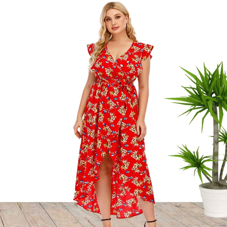 V-Neck Printed Dress Casual Dress Red