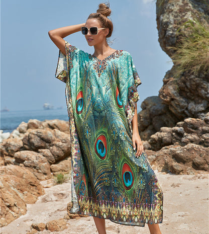 Polyester Feather Print Beach Cover up Sexy Deep V Plunge neck Vacation Sun Protection Shirt Dress Beach Cover Up One Size Peacock Feather