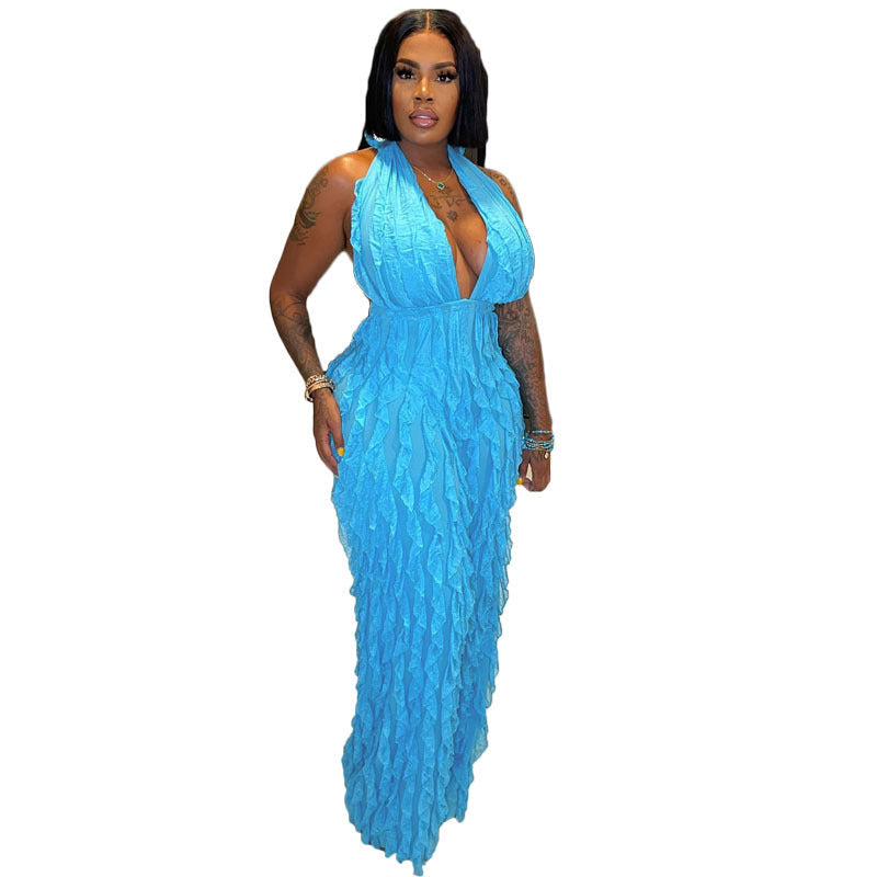 Plunge High Waist Jumpsuit skyblue