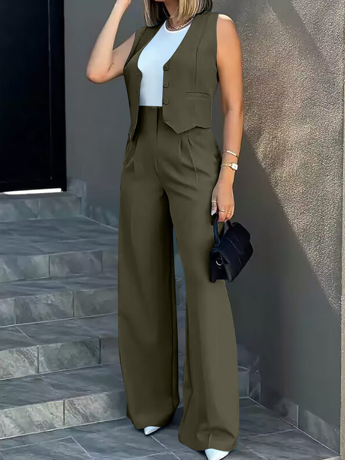 Wide Leg Pants Casual Set Army Green