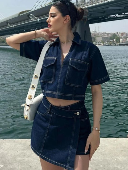 Denim V neck Short Sleeved Set Navy Blue