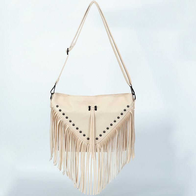 Studded Rivets Soft Leather Casual Crossbody Handbag One Size White