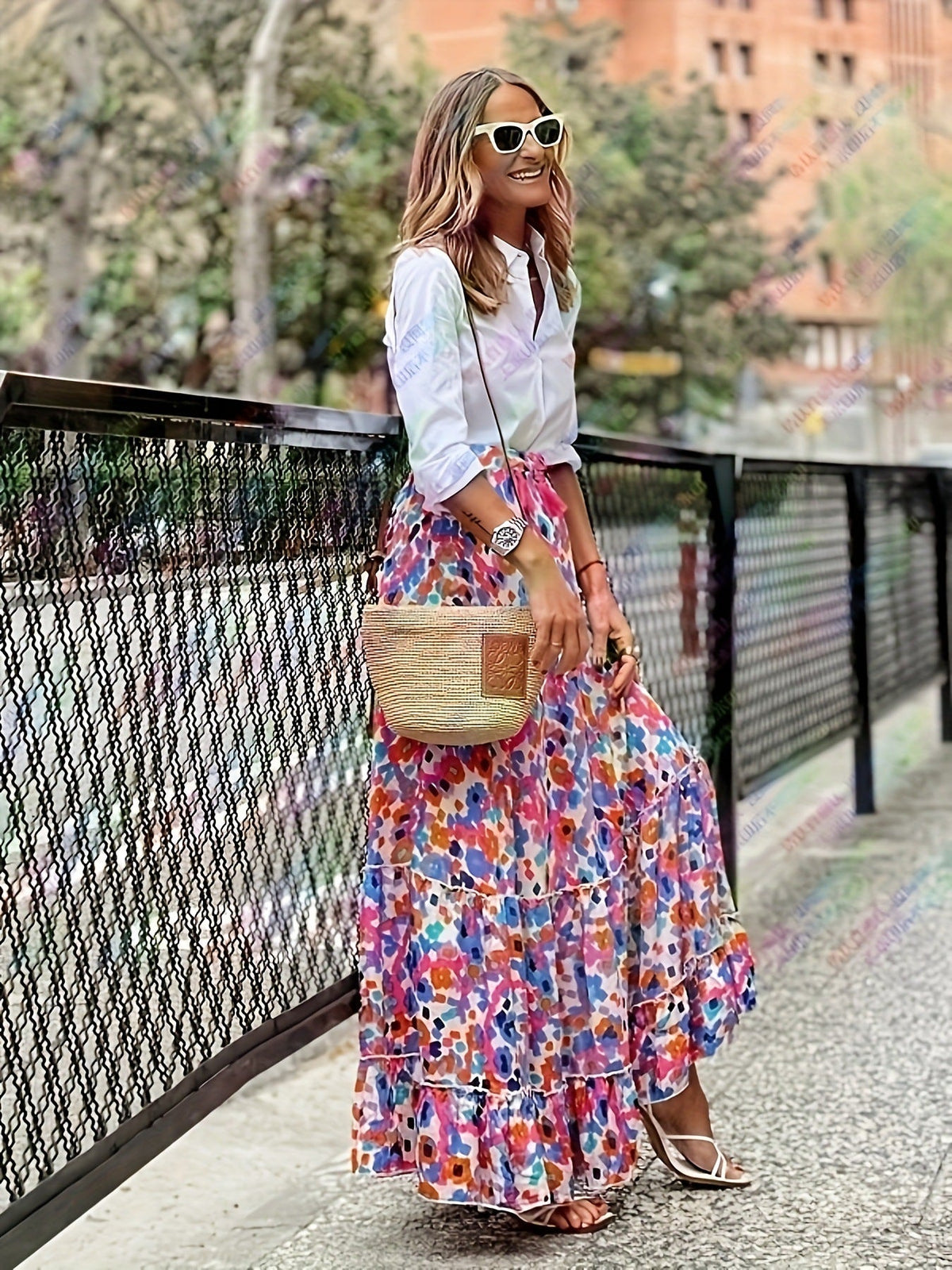 Summer Women Positioning Printing Loose Casual Vacation Big Hem Skirt Random Flowers