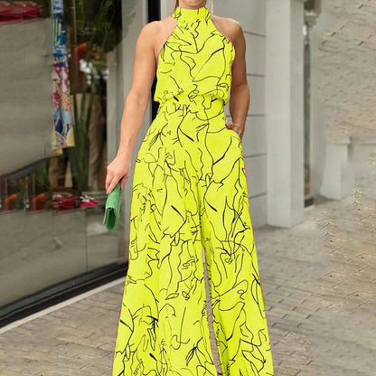 High Waist Lace up Sleeveless Halter Jumpsuit Yellow