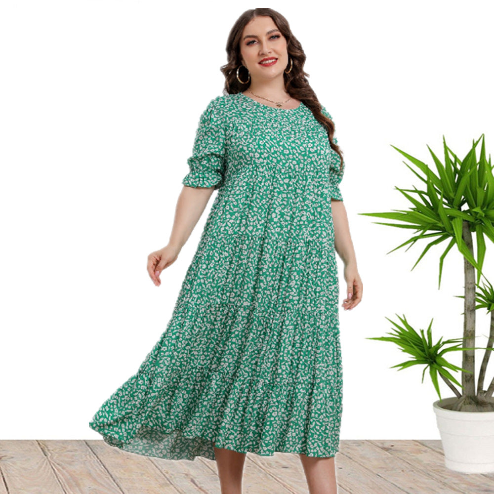 Short Sleeve Rayon Printed Loose Dress Green