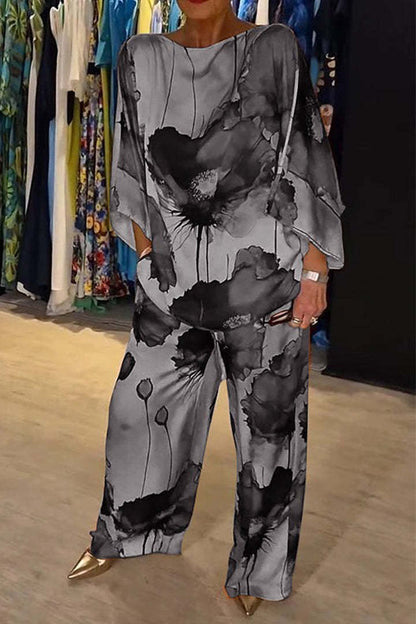 Unique Elegant Satin Loose Fit Printed Batwing Sleeve Set Gray