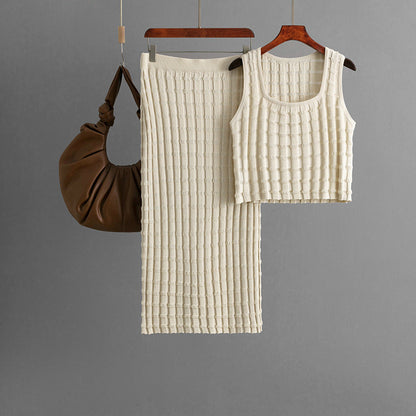 Women Summer Women Sleeveless Vest Top Skirt Knitted Two Piece One Size Apricot
