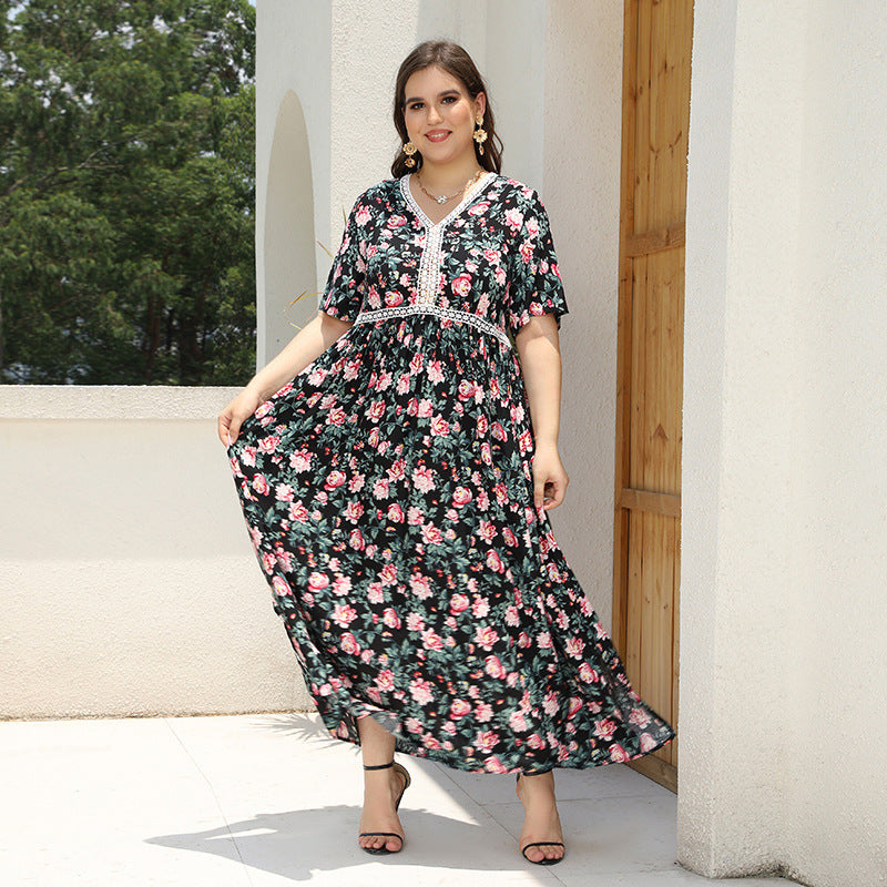 Plus Size V neck Printed Dress Day to Night