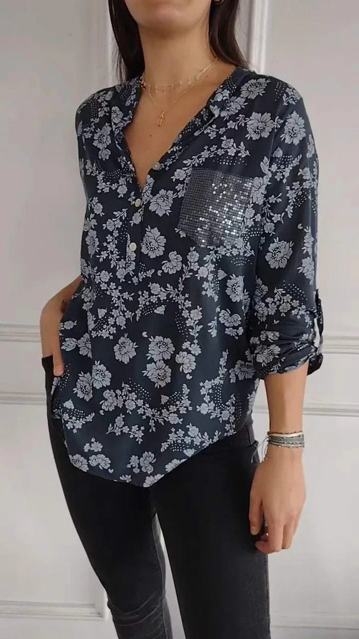 Spring Loose Casual Long Sleeves Printed Sequined Pocket Shirt Blue