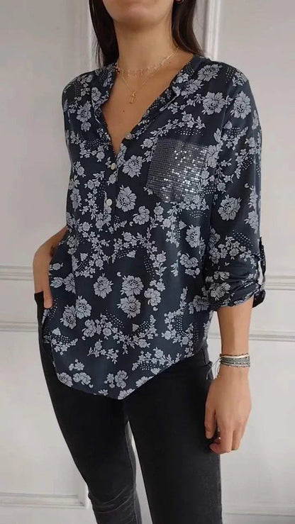 Spring Loose Casual Long Sleeves Printed Sequined Pocket Shirt Blue