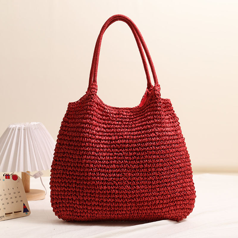 Large Capacity Tote Straw Bag Casual Shoulder Woven Bag One Size Big One-Shoulder Knitted Red