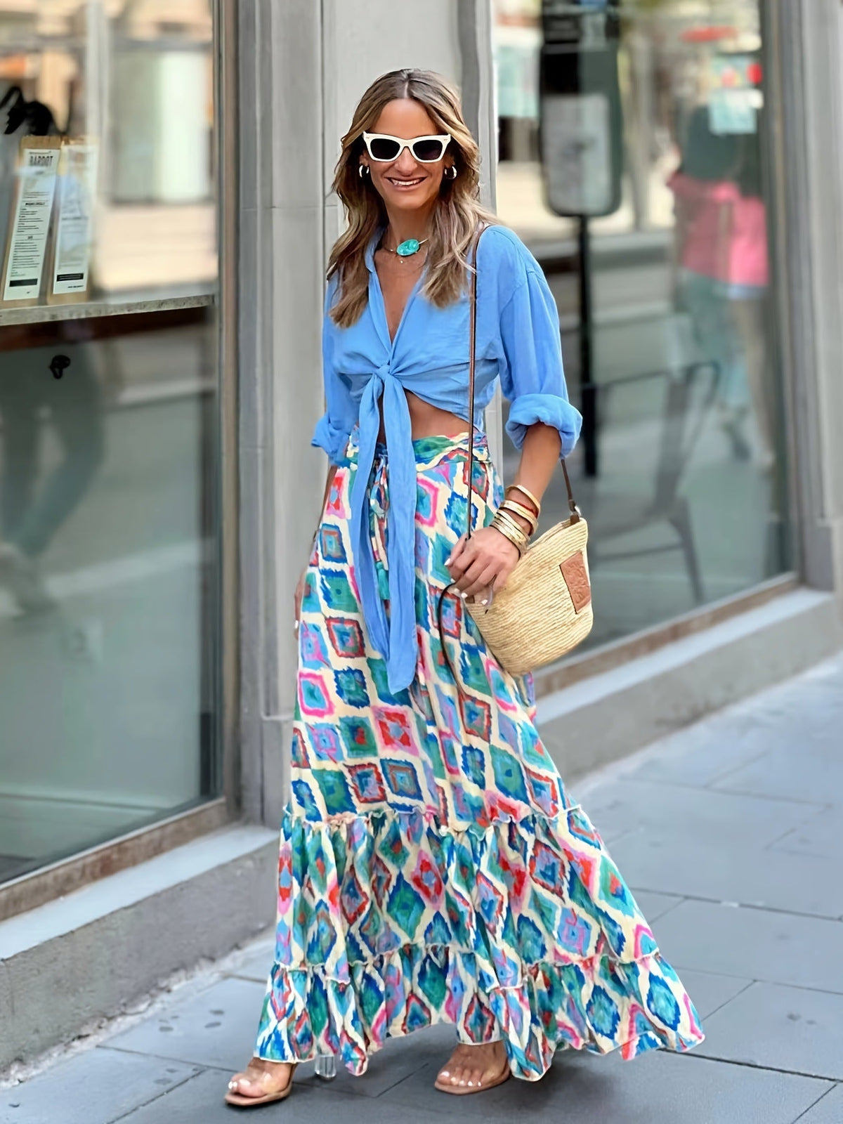 Summer Women Positioning Printing Loose Casual Vacation Big Hem Skirt Blue Square
