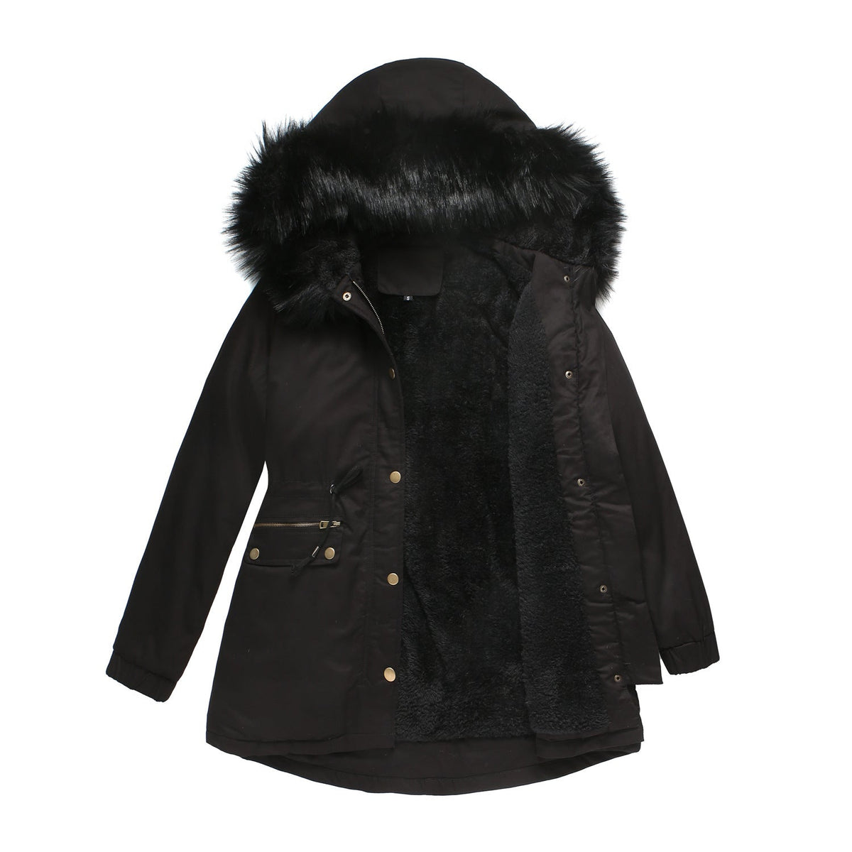 Fleece Lined Hooded Parka Jacket Black
