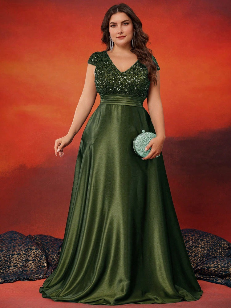 Sequined V neck Evening Dress Olive Green