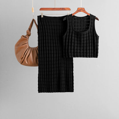 Women Summer Women Sleeveless Vest Top Skirt Knitted Two Piece One Size Black