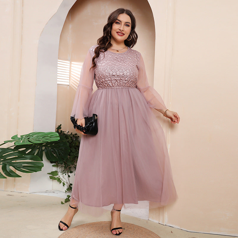 Plus Size Mesh Long Sleeve Midi Dress Pink
