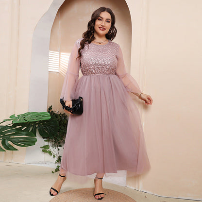 Plus Size Mesh Long Sleeve Midi Dress