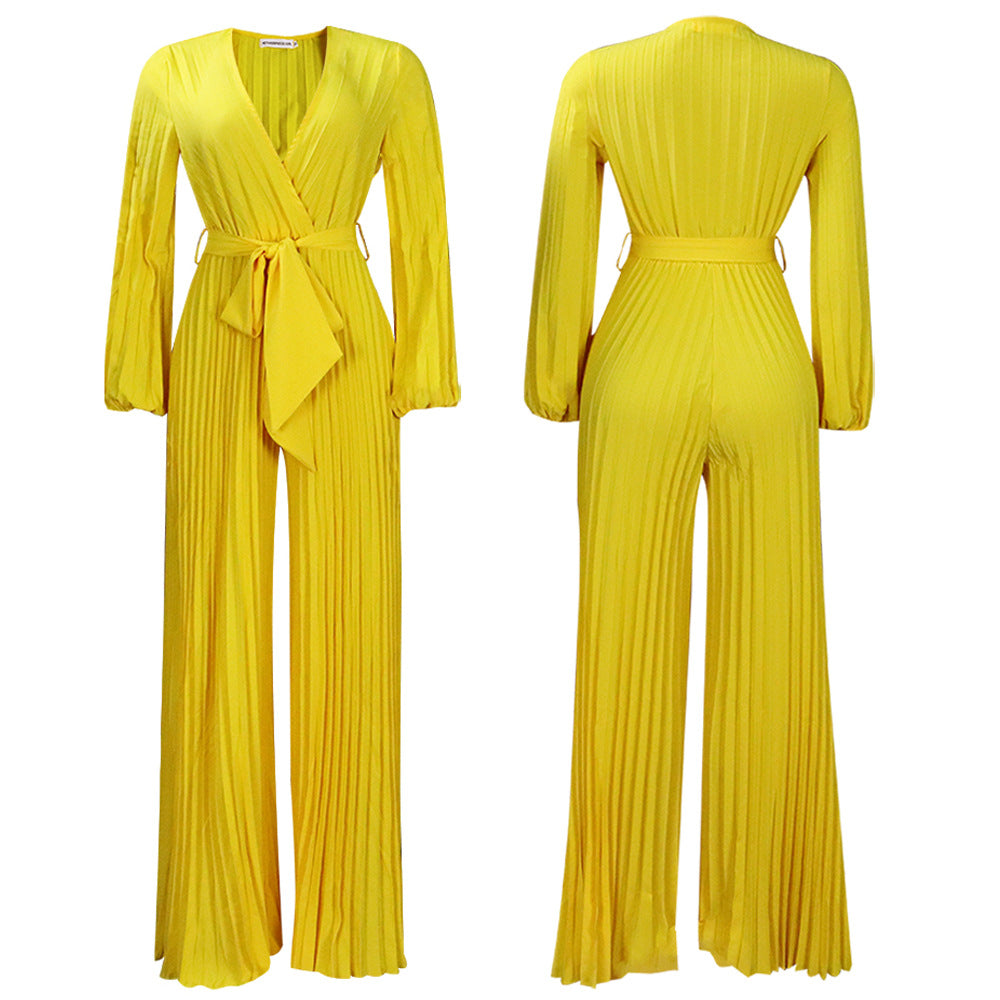 Summer V neck Pleated Wide Leg Jumpsuit Yellow