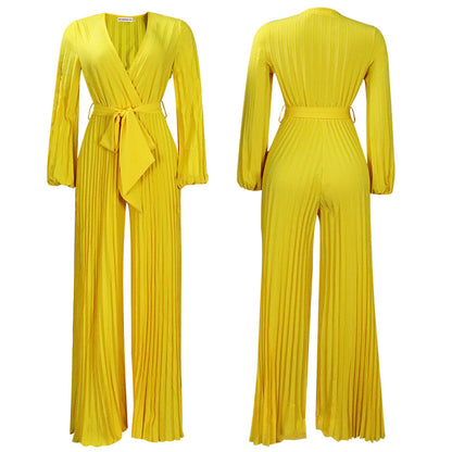 Summer V neck Pleated Wide Leg Jumpsuit Yellow
