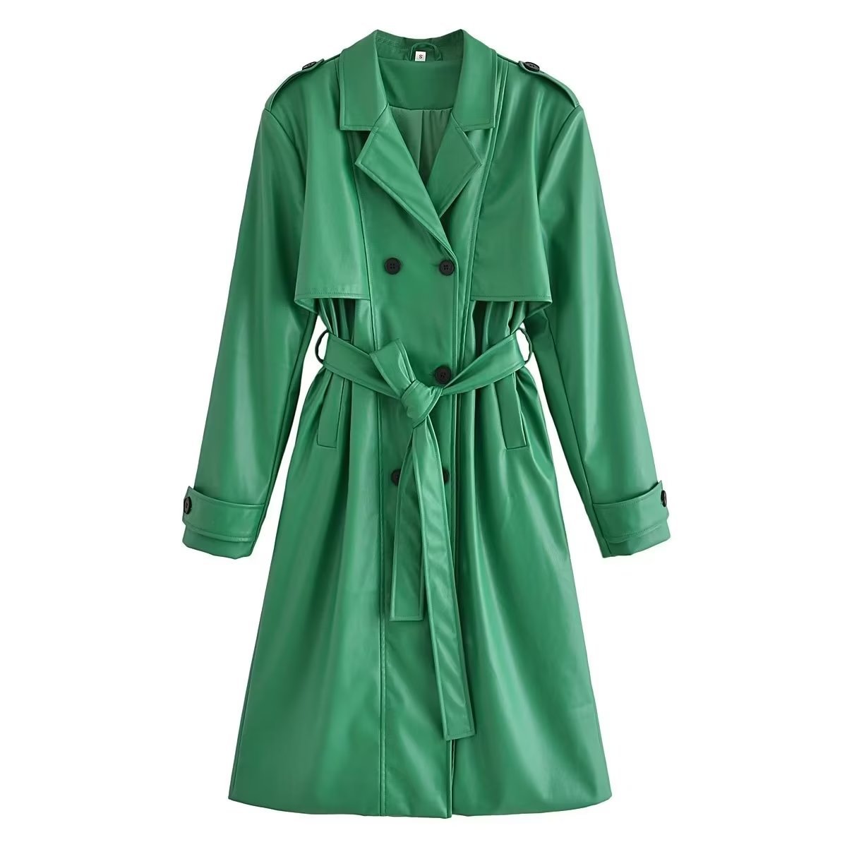 Faux Leather Belt Windbreaker Trench Coat Green