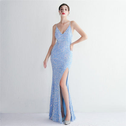 Velvet Bottom Sequined Dress Colorful Sky Blue