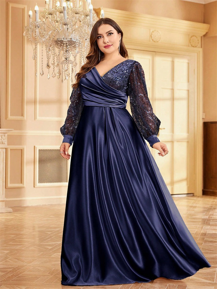 Satin V neck Long Sleeve Dress Maxi Dress Sequin Cocktail Evening Dress Women Navy Blue