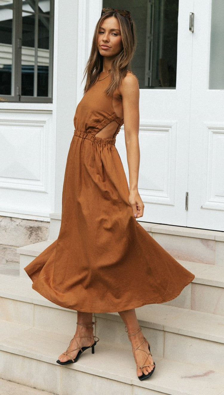 Rround Neck Sexy Backless Maxi Dress Brown