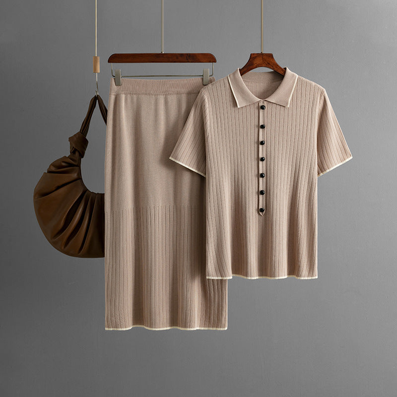 Elegant Knitted Skirt Set with Polo Collar One Size Khaki