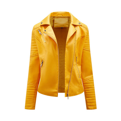 Faux Leather Collared Motorcycle Jacket Lemon Yellow