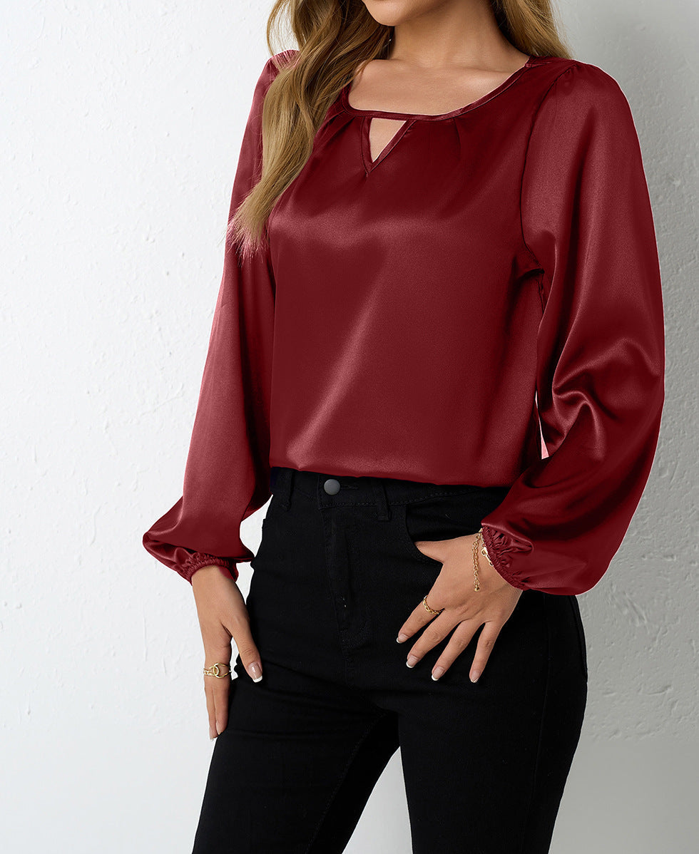 Satin Casual Pleated Long Sleeve Satin Top Burgundy