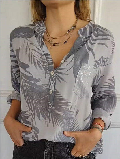 Versatile Design V neck Printed Top Gray