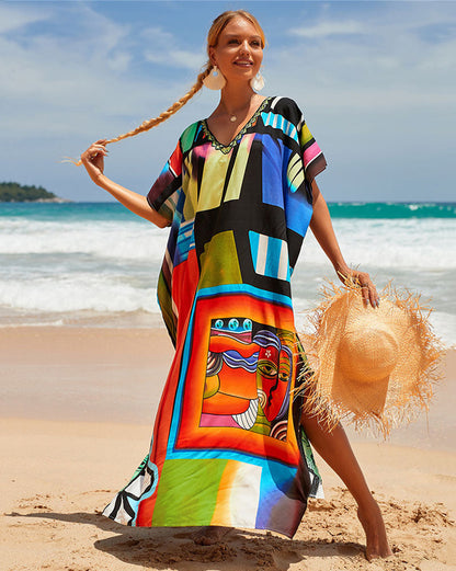 New Positioning Printing Beach Cover-up Sexy Cardigan Dress Beach Cover Up One Size Color Block