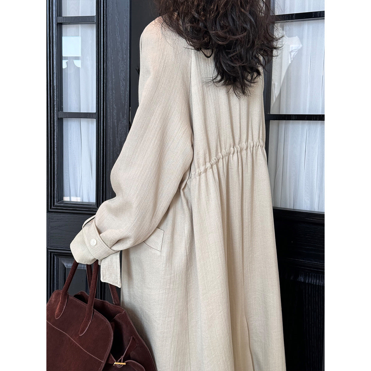 Cotton Linen Drawstring Long Coat
