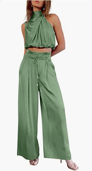 Sleeveless Collar Two Piece Sets Light Green