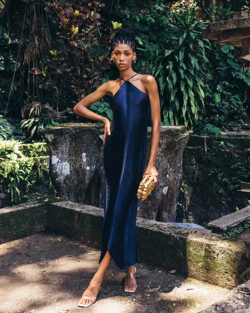 Tassel Back Slit Halter Dress Navy Blue