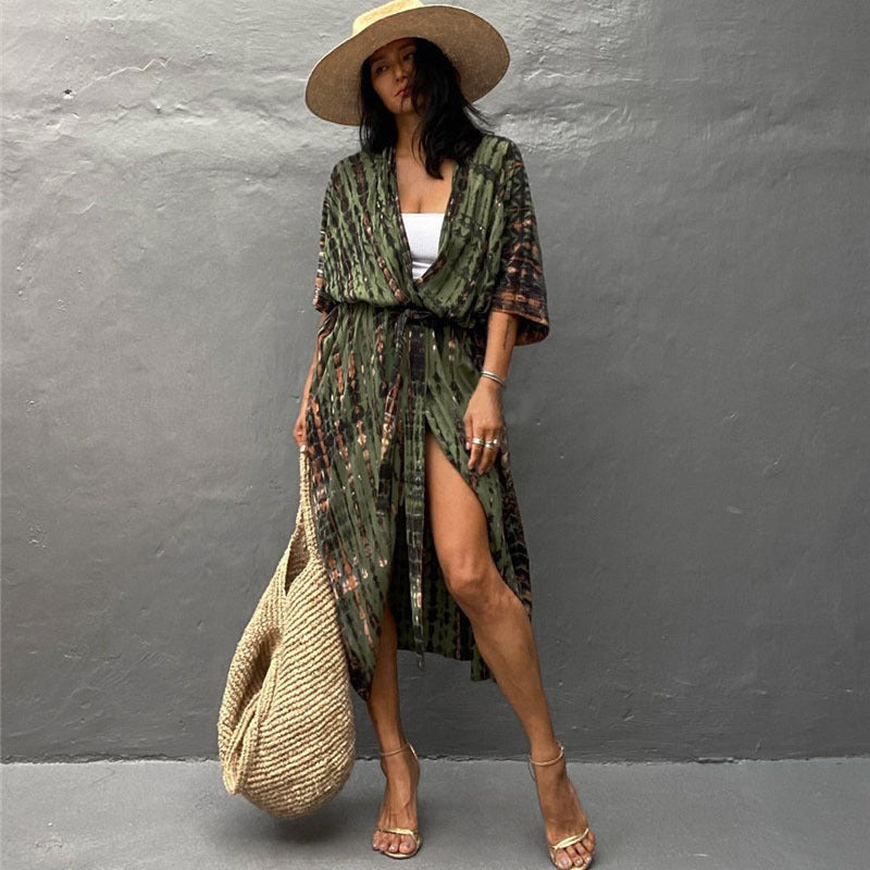 Sexy Beach Cardigan Cover Up One Size Army Green Stripe