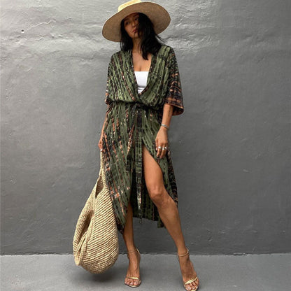 Sexy Beach Cardigan Cover Up One Size Army Green Stripe
