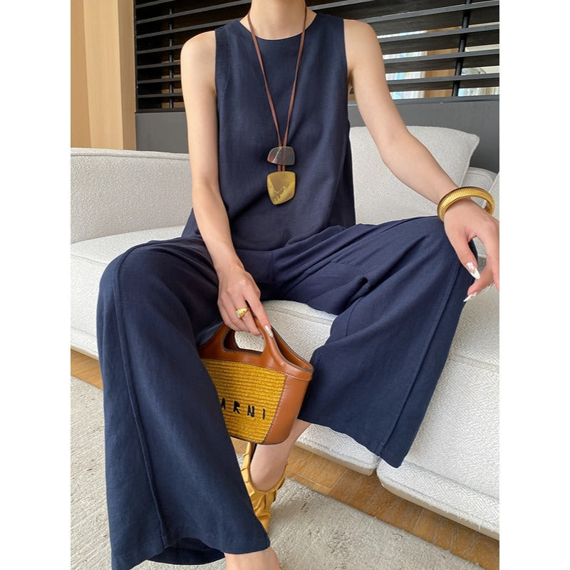 Tencel Linen Vest & Wide Leg Pant Set Navy Blue Pants