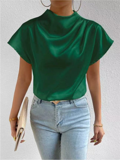 Round Neck Short Sleeve Pleated Top Green