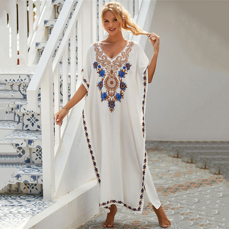 White Rayon Embroidered Beach Cover Up Robe Vacation Skirt Embroidered Dress Beach Cover Up One Size White Embroidery